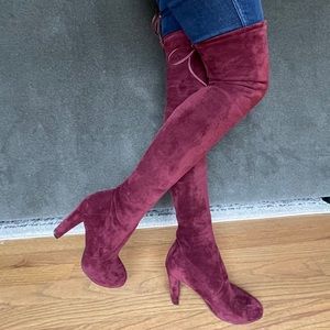 Burgundy suede over the knee boots